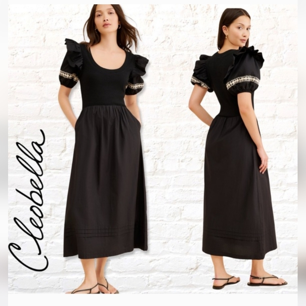 Cleobella Selma Midi Dress Black Puff Sleeve Dress NWT Size XS